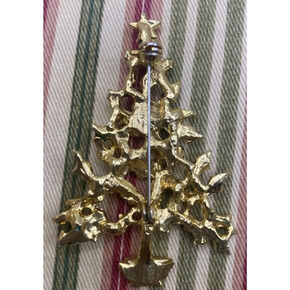 Vintage Christmas Tree Brooch Pin, Gold Color With Red And Clear Crystals - Picture 3 of 3